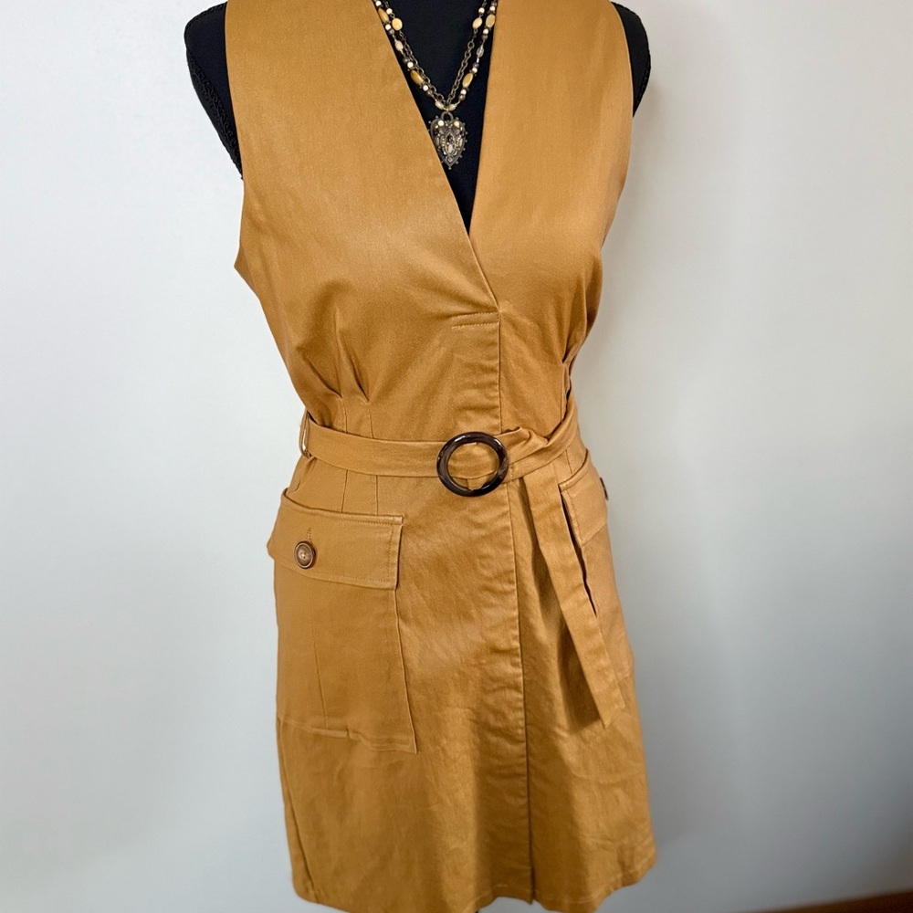 Camel Utility Mini Dress Belted Sleeveless Deep V Large